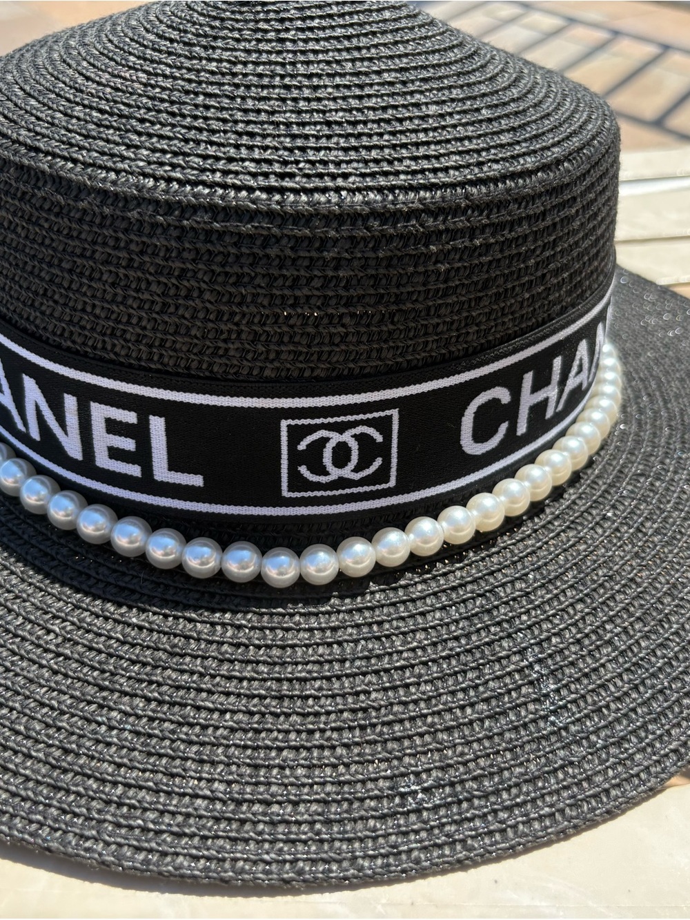 CHANEL Black Straw Hat with Logo Band and Pearl Trim - Picture 5 of 5
